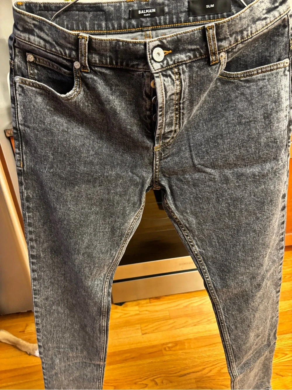 Balmain men’s distressed slim leg jeans